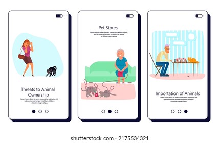 Set of apps with pets life concept. Different situation of owners with their domestic animals. Flat Art Vector Illustration.