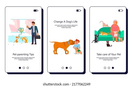 Set of apps with pets life concept. Different situation of owners with their domestic animals. Flat Art Vector Illustration.