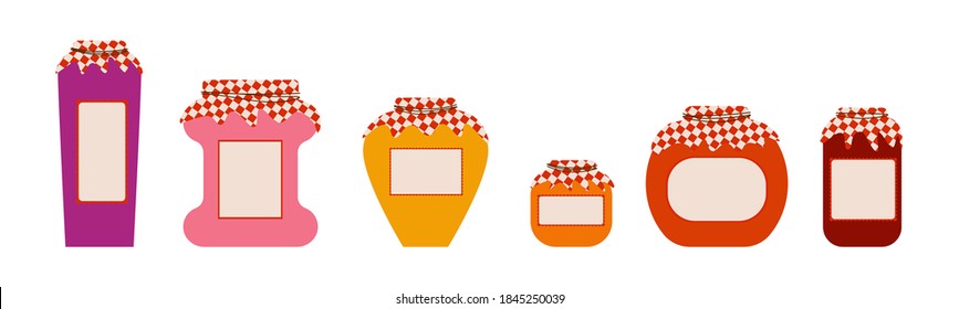 Set of apricot, cherry, strawberry and kiwi jam, marmalade in traditional jars. Bright, cartoon illustration of a jam bottle. Auutmnal harvest illustration. Hand drawing cute food character. Vector.