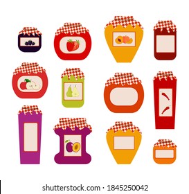 Set of apricot, cherry, strawberry and kiwi jam, marmalade in traditional jars. Bright, cartoon illustration of a jam bottle. Auutmnal harvest illustration. Hand drawing cute food character. Vector.