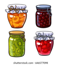 Set of apricot, cherry, strawberry and kiwi jam, marmalade in traditional jars, sketch style vector illustration isolated on white background. Hand drawn, realistic grandma berry, fruit jam in jars