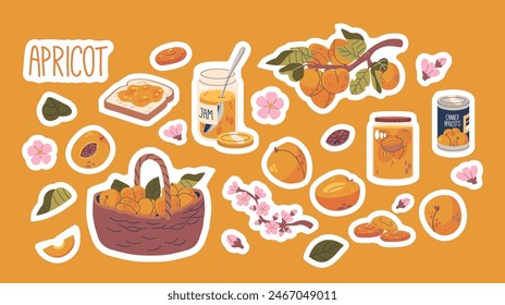 Set Of Apricot Stickers Showcasing Ripe Fruits, Jam, Blossoms And Basket, Toast With Jam, Glass Jar, Tree Branch