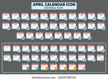 Conjunto de iconos de calendario de abril con diferentes símbolos para el diseño y la planificación de recordatorio de eventos