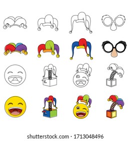 Set of april fools icons. Harlequin hat, joke box, joke mask and happy emojis - Vector