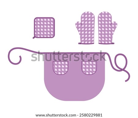 Set of Apron, Oven Gloves and potholder purple cartoon heart pattern Fashion accessory clothing technical illustration garment. Vector for Men, women, unisex style flat template on white background