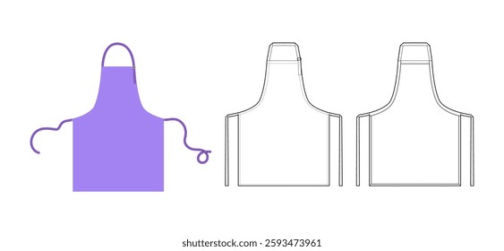 Set of Aprons Classic Bib short technical fashion illustration. Chef uniform for cooking purple cartoon Flat sketch outline template front back view. Women, men CAD mockup isolated on white background