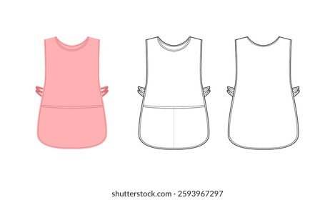 Set of Aprons Cobbler Slipover Smock technical fashion illustration. Tabard uniform for cooking pink cartoon Flat sketch outline apparel template front, back view. Women men unisex CAD mockup isolated