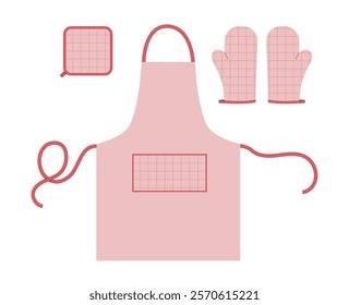 Set of Aprons, Oven Gloves and potholder Fashion pink cartoon windowpane tartan check pattern hand accessory clothing technical illustration garment. Vector for Men, women, unisex style flat template