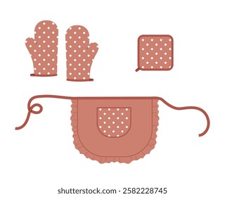 Set of Aprons, Oven Gloves and potholder cartoon Mocha Mousse polka dot pattern Fashion hand accessory clothing technical illustration garment. Vector for Men women unisex style flat template on white