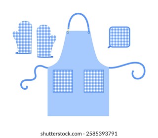 Set of Aprons, Oven Gloves and potholder kitchen blue cartoon flat accessory clothing technical illustration garment. Vector for Men, women style template CAD mockup on white background