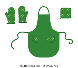 Set of Aprons, Oven Gloves and potholder green cartoon heart pattern Fashion accessory clothing technical illustration garment. Vector for Men, women, unisex style template on white background