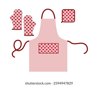 Set of Aprons, Oven Gloves and potholder pink cartoon heart pattern Fashion accessory clothing technical illustration garment. Vector for Men, women style flat template CAD on white background