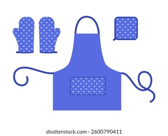 Set of Aprons, Oven Gloves and potholder blue cartoon heart pattern Fashion hand accessory clothing technical illustration garment. Vector for Men, women, unisex style flat on white background