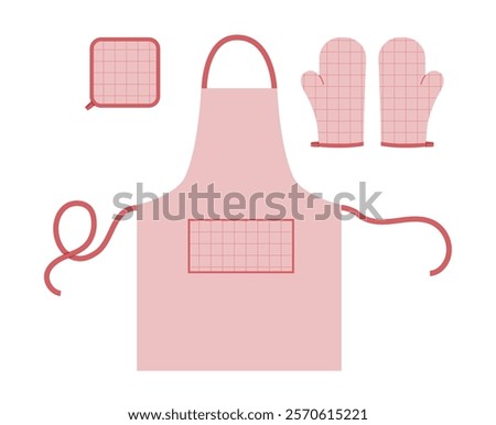 Set of Aprons, Oven Gloves and potholder Fashion pink cartoon windowpane tartan check pattern hand accessory clothing technical illustration garment. Vector for Men, women, unisex style flat template