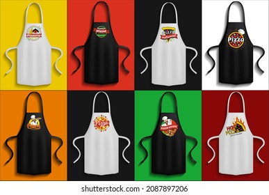 Set of aprons with pizzeria logos. Clothes for work in kitchen, protective element of clothing for cooking. Apron for cooking in kitchen and protection of clothes. Preparing pizza in restaurant