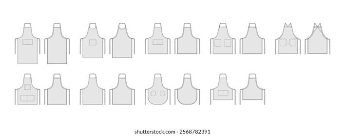 Set of Aprons technical fashion illustration. Chef uniform for cooking cartoon Flat sketch outline apparel template front, back view. Women, men unisex CAD mockup isolated on white background