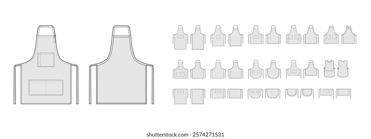 Set of Aprons technical fashion illustration. Chef uniform for cooking cartoon Flat sketch outline apparel template front, back view. Women, men unisex CAD mockup isolated on white background