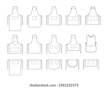 Set of Aprons technical fashion illustration. Chef uniform for cooking cartoon Flat sketch outline apparel template front view. Women, men unisex CAD mockup isolated on white background