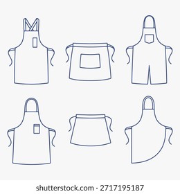 Un juego de delantales con varios diseños y bolsillos. Los delantales están dispuestos en una fila. Ilustración vectorial