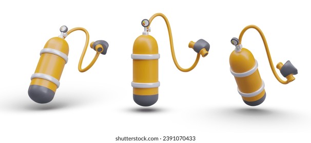 Set of aqualung in black and yellow colors. Equipment for diving concept. Collection of aqualungs in different positions. Vector illustration in 3d style on white background