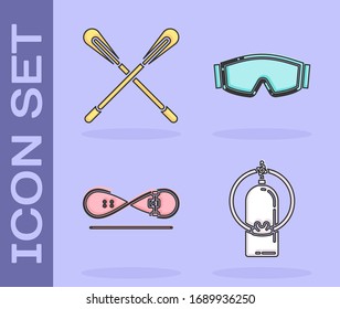 Set Aqualung, Crossed paddle, Skateboard trick and Ski goggles icon. Vector