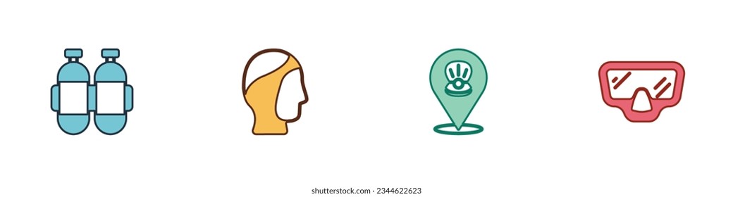 Set Aqualung, Diving hood, Scallop sea shell and mask icon. Vector