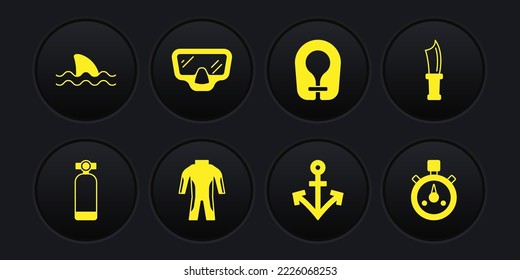 Set Aqualung, Diving knife, Wetsuit for scuba diving, Anchor, Life jacket, mask, Stopwatch and Shark icon. Vector
