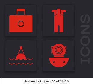 Set Aqualung, First aid kit, Wetsuit for scuba diving and Floating buoy on the sea icon. Vector