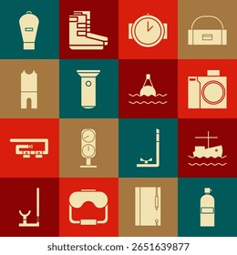 Set Aqualung, Fishing boat on water, Photo camera for diver, Diving watch, Flashlight, Wetsuit scuba diving, Lift bag and Floating buoy the sea icon. Vector