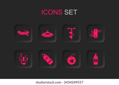 Set Aqualung, Fishing float in water, Inflatable boat with motor, Bomb, Swiss army knife, Bottle of vodka, Hand ice drill and Spinning reel for fishing icon. Vector