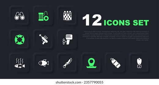 Set Aqualung, Fishing lure, harpoon, Location fishing, Lifebuoy, Spinning reel for and Knife icon. Vector