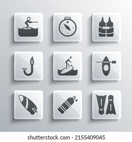 Set Aqualung, Flippers for swimming, Kayak and paddle, Surfboard, Snorkel, Water skiing man and Life jacket icon. Vector