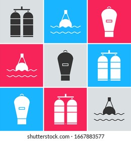 Set Aqualung, Floating buoy on the sea and Lift bag icon. Vector