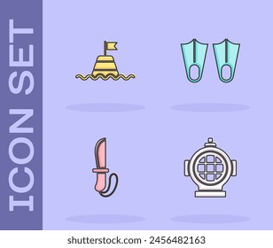 Set Aqualung, Floating buoy on the sea, Knife and Rubber flippers icon. Vector