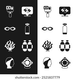 Set Aqualung, Glasses for swimming, Action extreme camera, Flippers, Coral,  and Diving hood icon. Vector