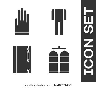 Set Aqualung, Gloves, Underwater note book and pencil and Wetsuit for scuba diving icon. Vector