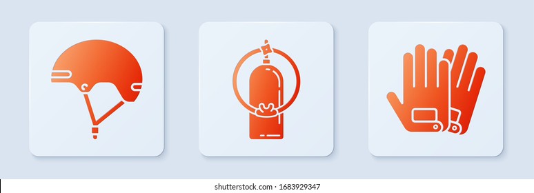 Set Aqualung, Helmet and Gloves. White square button. Vector