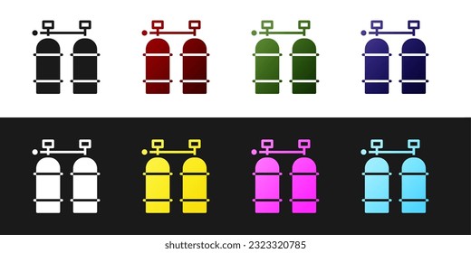 Set Aqualung icon isolated on black and white background. Oxygen tank for diver. Diving equipment. Extreme sport. Diving underwater equipment.  Vector