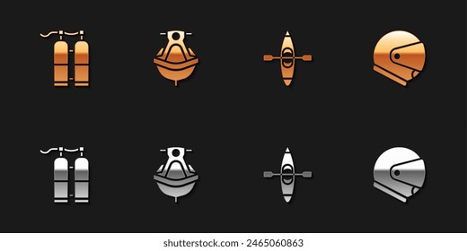 Set Aqualung, Jet ski, Kayak or canoe and Helmet icon. Vector