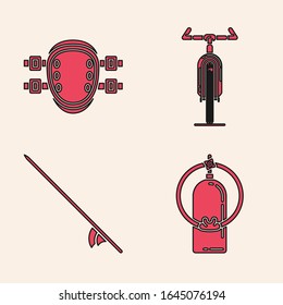 Set Aqualung, Knee pads, Bicycle and Surfboard icon. Vector