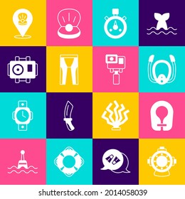 Set Aqualung, Life jacket, Diving mask with snorkel, Stopwatch, Wetsuit for scuba diving, Photo camera diver, Scallop sea shell and Action extreme icon. Vector