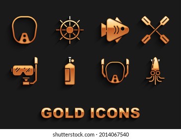 Set Aqualung, Paddle, Octopus, Diving mask, and snorkel, Fish,  and Ship steering wheel icon. Vector