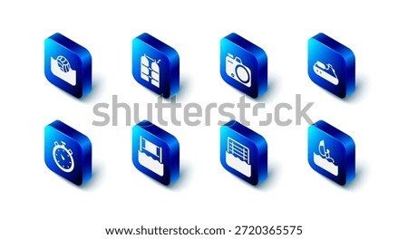Set Aqualung, Photo camera, Jet ski, Windsurfing, Water polo, volleyball net, Stopwatch and  icon. Vector