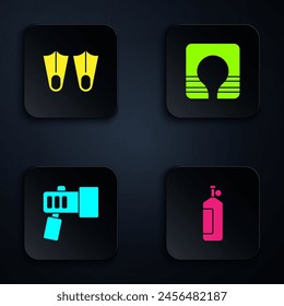 Set Aqualung, Rubber flippers, Flashlight and Life jacket. Black square button. Vector