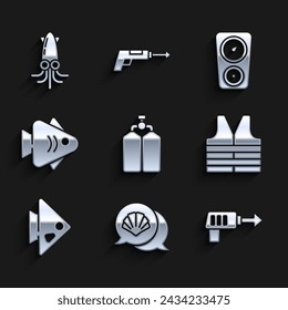 Set Aqualung, Scallop sea shell, Fishing harpoon, Life jacket, Gauge scale and Octopus icon. Vector