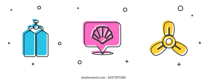 Set Aqualung, Scallop sea shell and Boat propeller, turbine icon. Vector