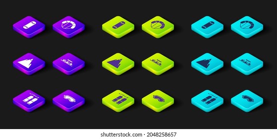 Set Aqualung, Ski goggles, Mountains, Formula 1 racing car, Parachute and Skateboard trick icon. Vector