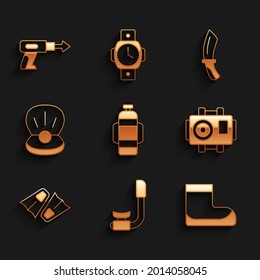 Set Aqualung, Snorkel, Boots, Photo camera for diver, Flippers swimming, Pearl, Diving knife and Fishing harpoon icon. Vector