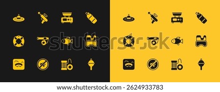 Set Aqualung, Speaker mute, Fish, Spinning reel for fishing, Fishing rod, Electronic scales, float water and harpoon icon. Vector