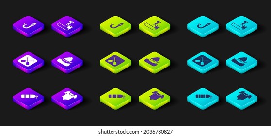 Set Aqualung, Swimsuit, Paddle, Yacht Sailboat, Swimmer Diving Into Pool And Snorkel Icon. Vector